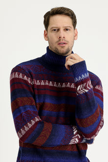 Bordo Balıkçı Yaka Regular Fit Yünlü Desenli Triko Kazak