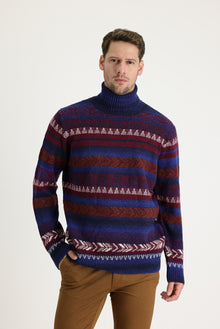 Bordo Balıkçı Yaka Regular Fit Yünlü Desenli Triko Kazak