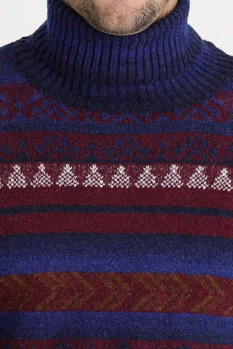 Bordo Balıkçı Yaka Regular Fit Yünlü Desenli Triko Kazak