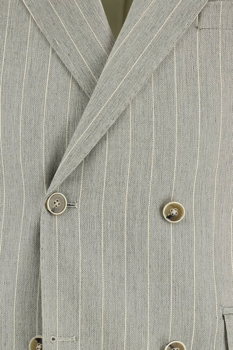 Açık Gri 7 Drop Slim Fit Dar Kesim Çizgili Keten Kruvaze Takım Elbise