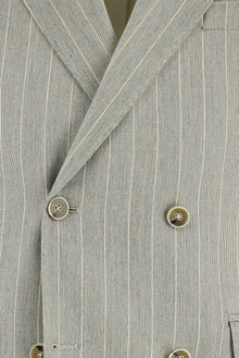Aç?k Gri 7 Drop Slim Fit Dar Kesim Çizgili Keten Kruvaze Tak?m Elbise-Abdullah Ki??l?