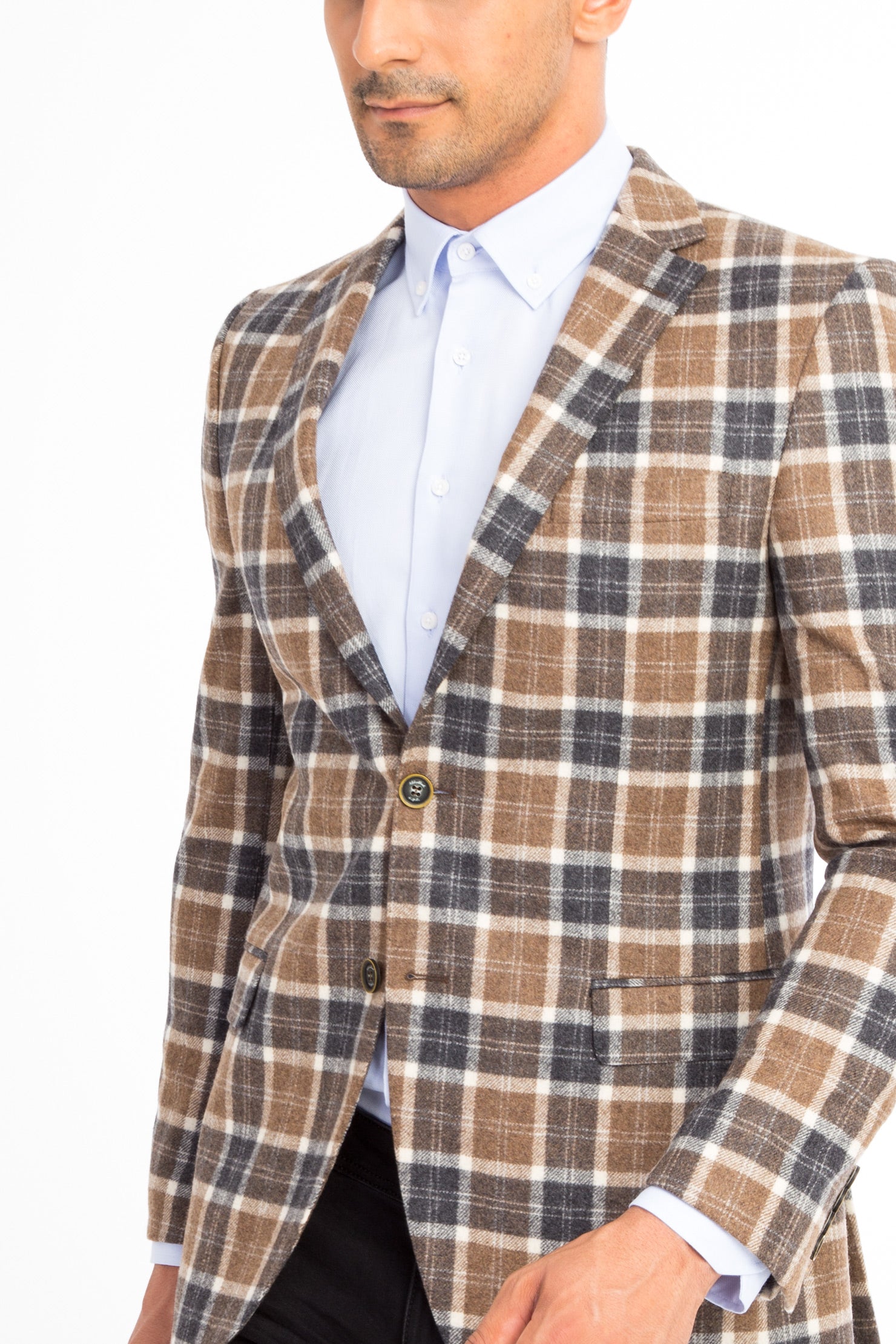 Aç?k Kahve - Camel 6 Drop Regular Fit Standart Kesim Ekose Yün Ceket-Abdullah Ki??l?