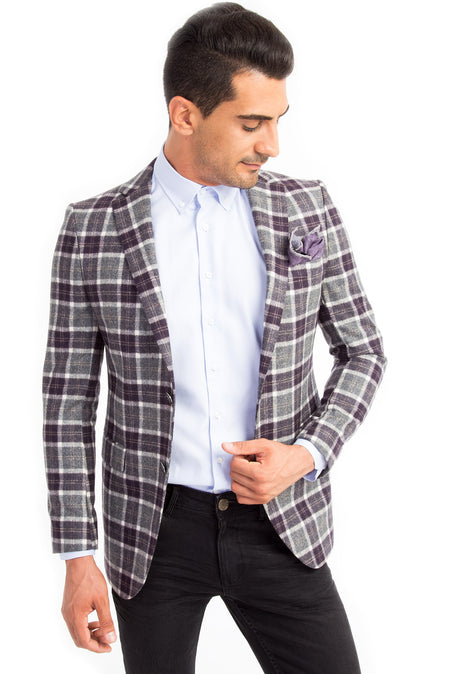 Orta Füme 6 Drop Regular Fit Standart Kesim Ekose Yün Ceket-Abdullah Ki??l?