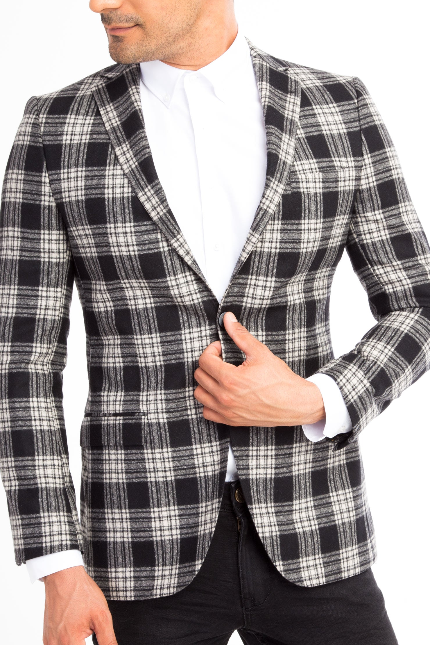 Siyah 7 Drop Slim Fit Dar Kesim Ekose Yün Ceket-Abdullah Ki??l?
