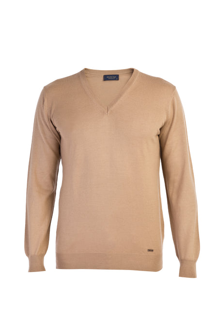 Açık Kahve - Camel V Yaka Yünlü Triko Kazak