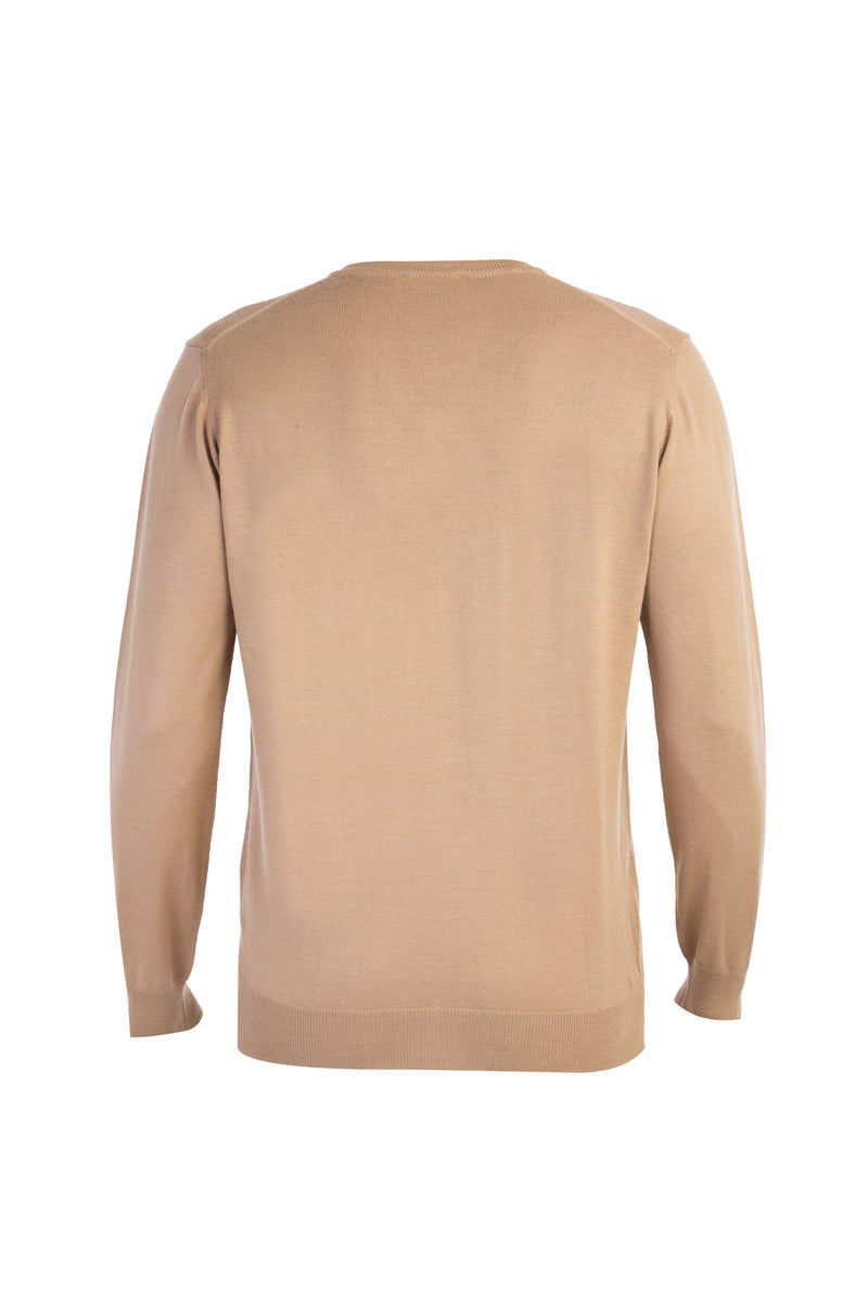 Açık Kahve - Camel V Yaka Yünlü Triko Kazak