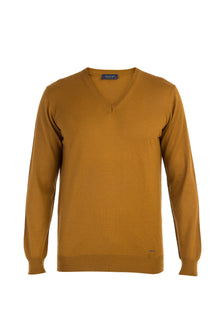 Açık Kahve - Camel V Yaka Yünlü Triko Kazak