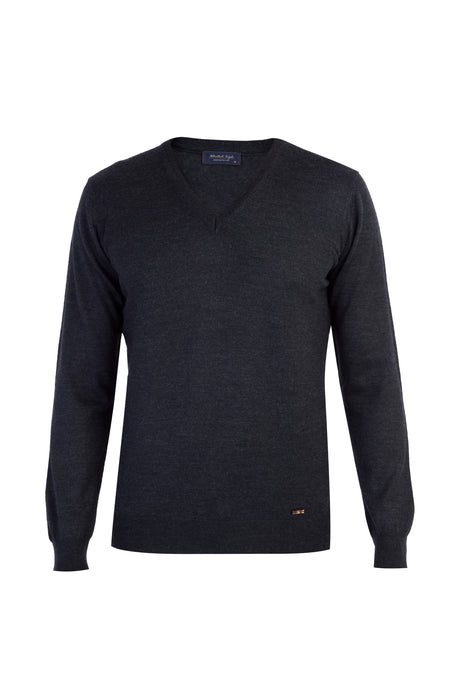 Antrasit Düz Klasık V Yaka Triko