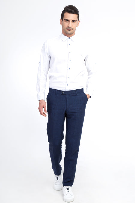 Lacivert 6 Drop Regular Fit Standart Kesim ?talyan Keten Kuma? Pantolon-Abdullah Ki??l?