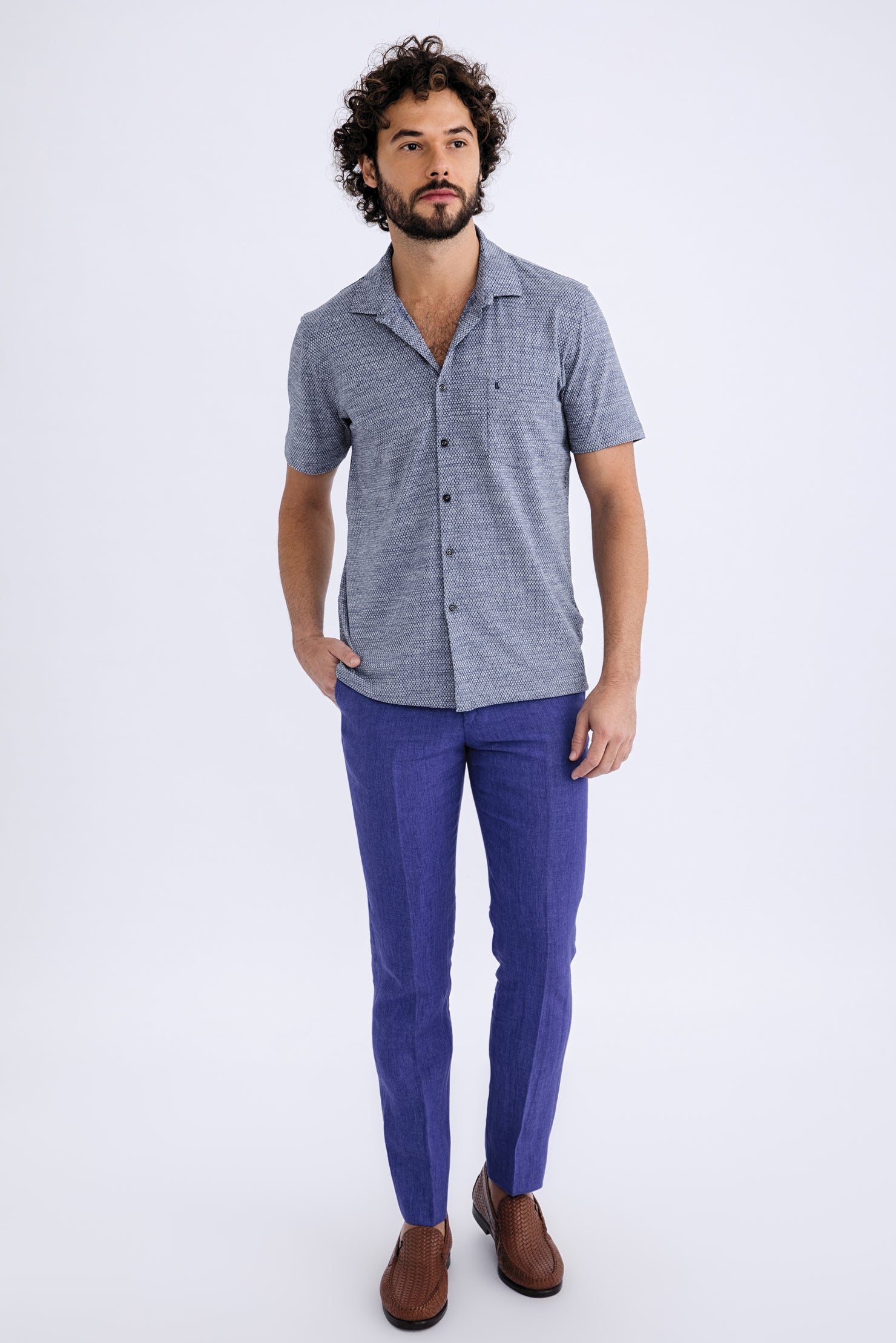 Mavi İtalyan Keten Kumaş Pantolon