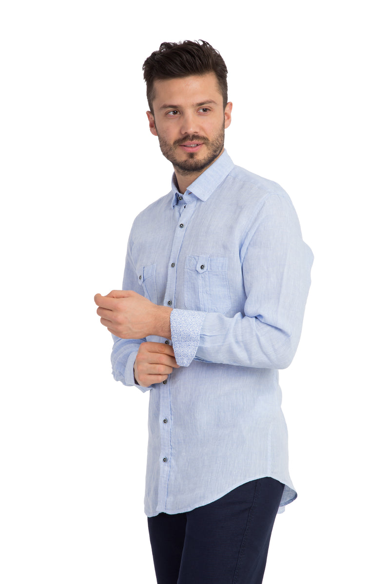 Açık Mavi St Keten Tasarım Gömlek