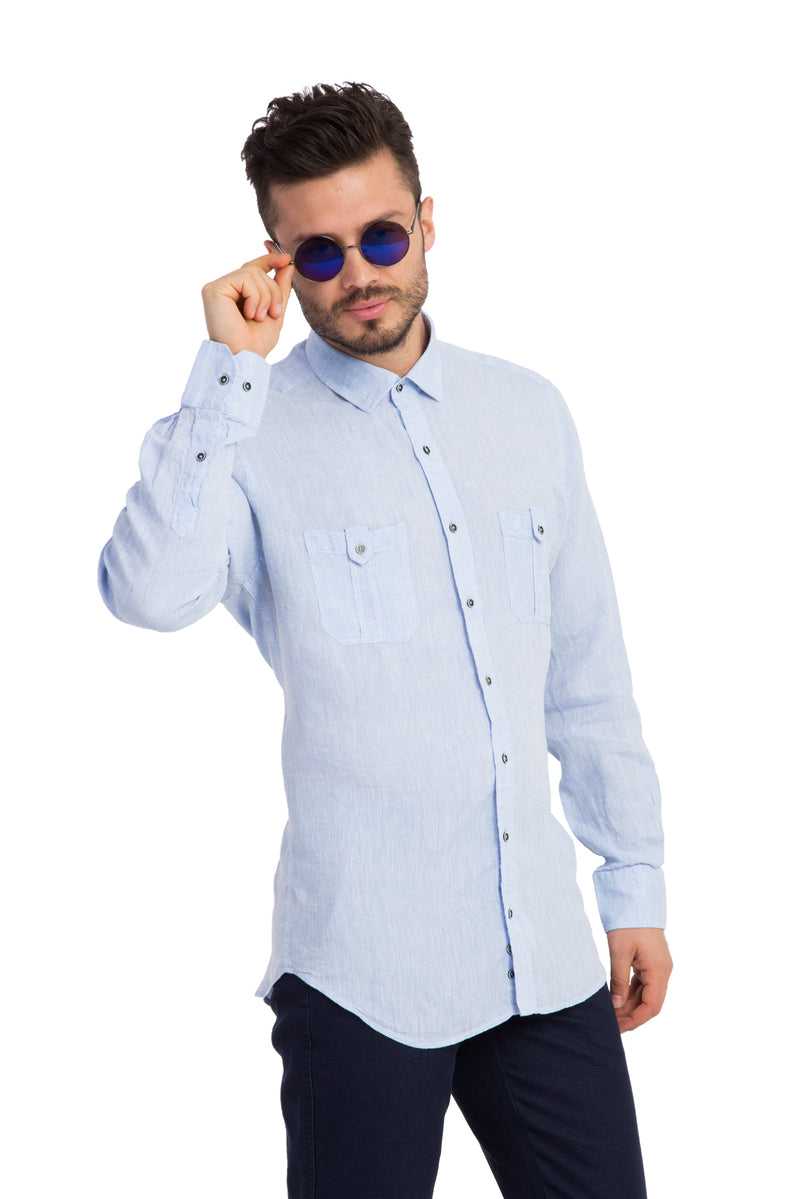 Açık Mavi St Keten Tasarım Gömlek