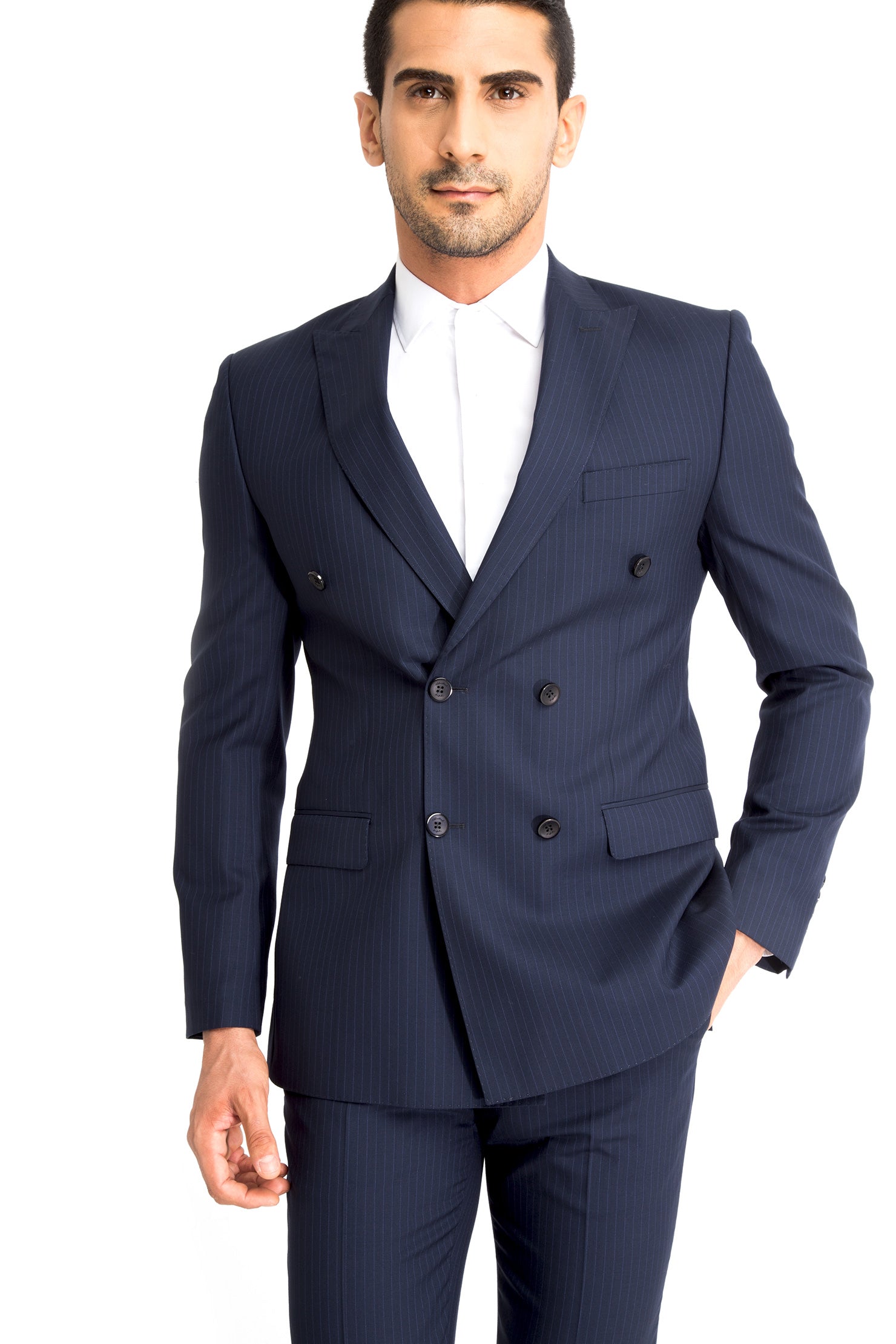 Lacivert 6 Drop Regular Fit Standart Kesim Çizgili Kruvaze Yün Tak?m Elbise-Abdullah Ki??l?