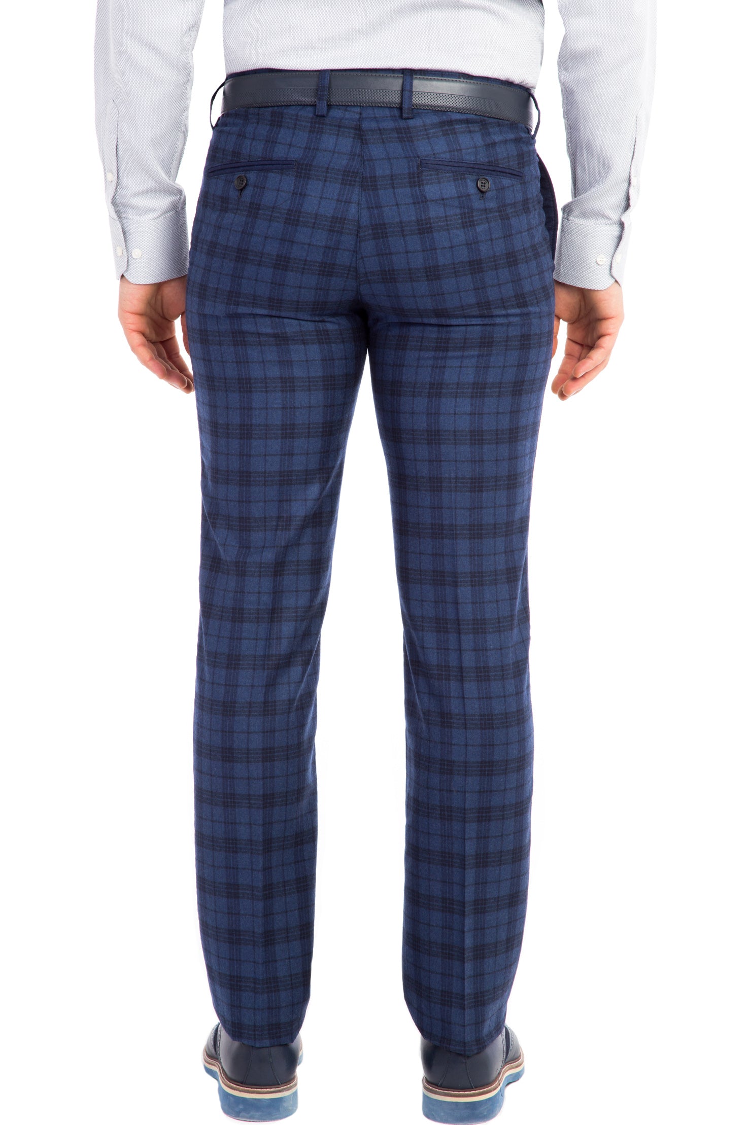 Koyu Mavi Super Slim Fit Ekstra Dar Kesim Ekose Yün Flanel Kumaş Pantolon