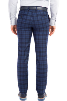 Koyu Mavi Super Slim Fit Ekstra Dar Kesim Ekose Yün Flanel Kumaş Pantolon