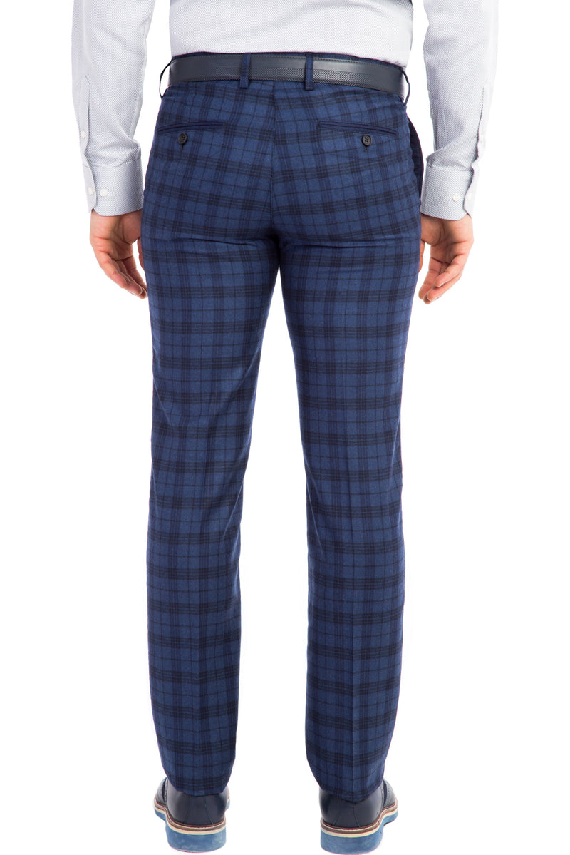 Koyu Mavi Super Slim Fit Ekstra Dar Kesim Ekose Yün Flanel Kumaş Pantolon