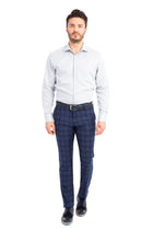 Koyu Mavi Super Slim Fit Ekstra Dar Kesim Ekose Yün Flanel Kumaş Pantolon