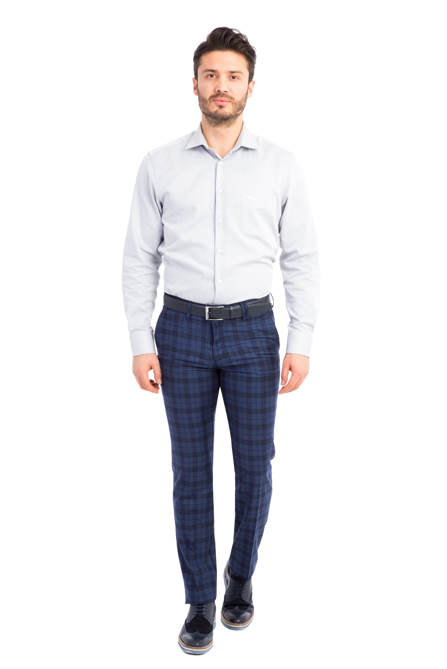 Koyu Mavi Super Slim Fit Ekstra Dar Kesim Ekose Yün Flanel Kumaş Pantolon