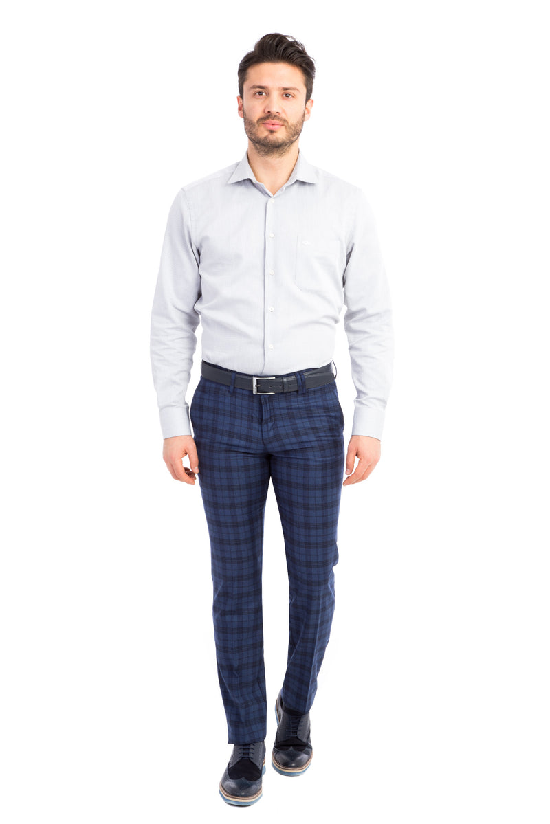 Koyu Mavi Super Slim Fit Ekstra Dar Kesim Ekose Yün Flanel Kumaş Pantolon