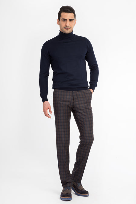 Kahve Super Slim Fit Ekstra Dar Kesim Yün Flanel Kumaş Pantolon