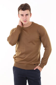 Açık Kahve - Camel Düz Bisiklet Yaka Triko