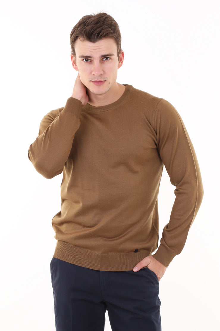 Açık Kahve - Camel Düz Bisiklet Yaka Triko