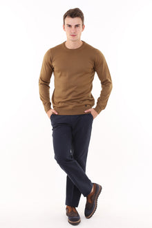 Açık Kahve - Camel Düz Bisiklet Yaka Triko