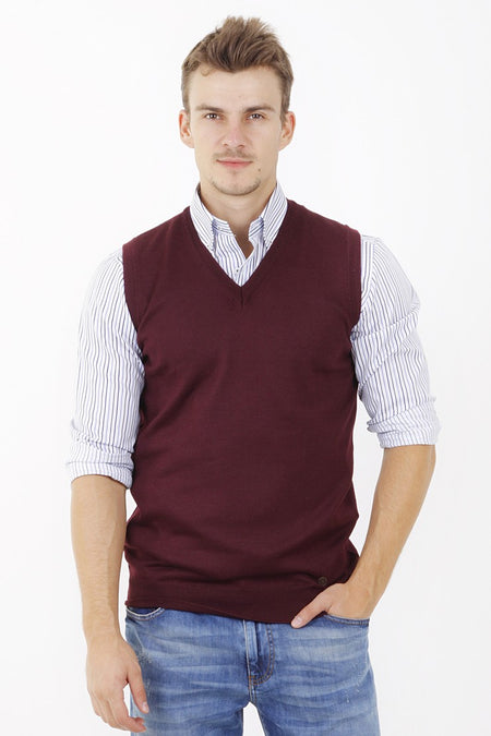 Bordo A.K.Düz V Yaka Süveter