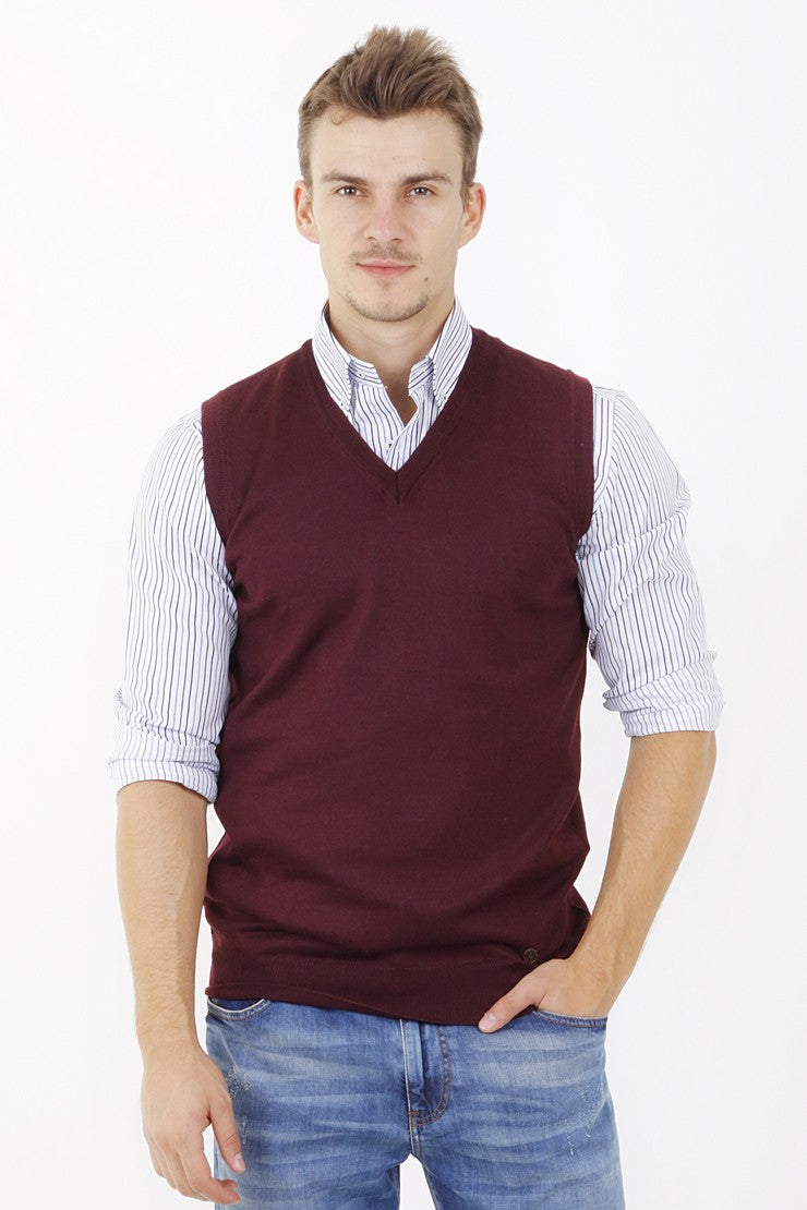 Bordo A.K.Düz V Yaka Süveter