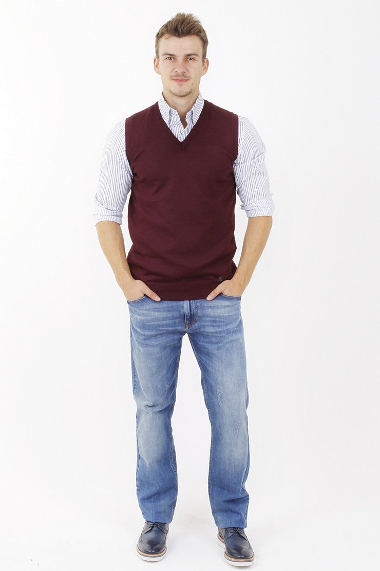 Bordo A.K.Düz V Yaka Süveter