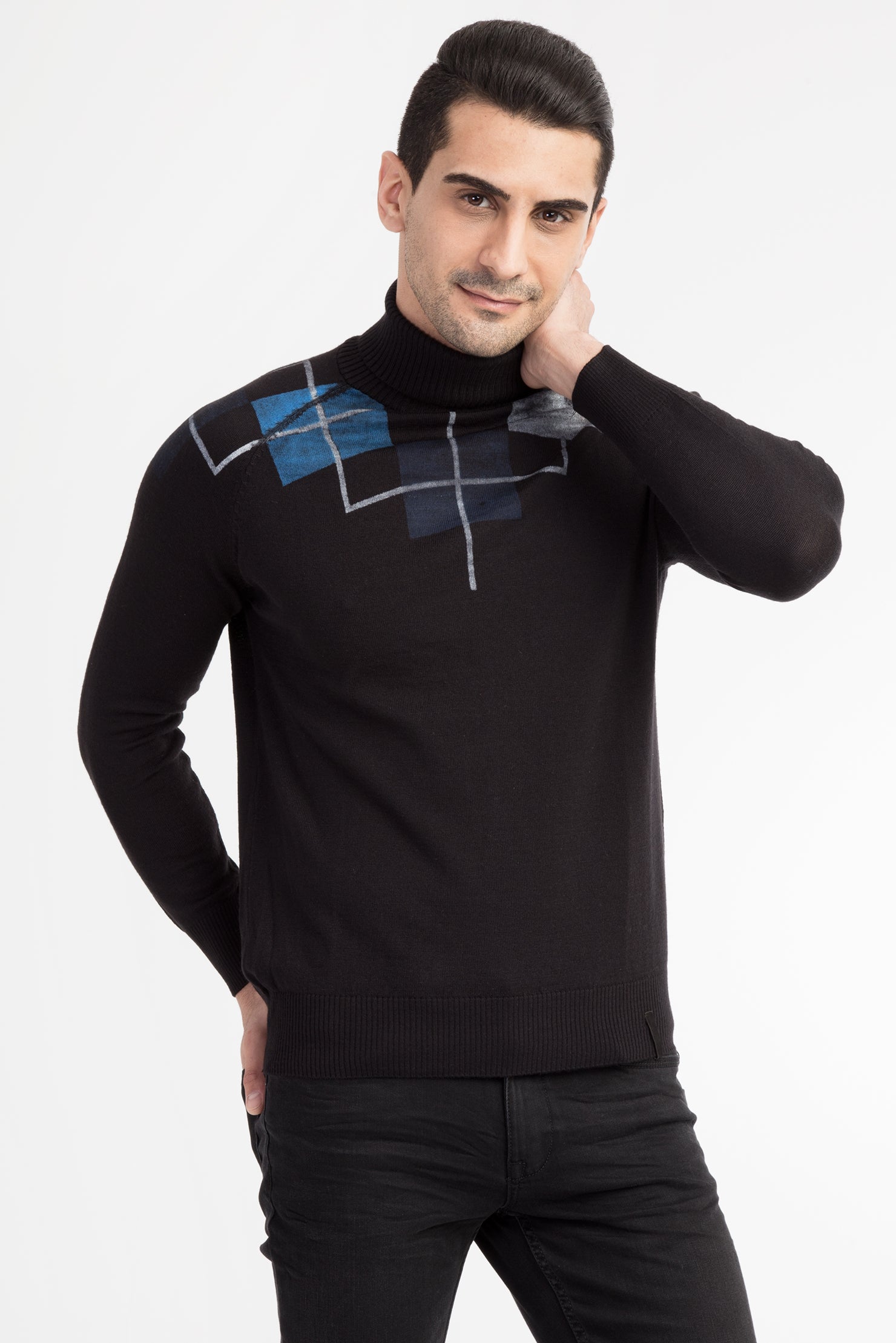 Siyah Yar?m Bal?kç? Yaka Regular Fit Yünlü Triko Kazak-Abdullah Ki??l?