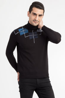 Siyah Yar?m Bal?kç? Yaka Regular Fit Yünlü Triko Kazak-Abdullah Ki??l?