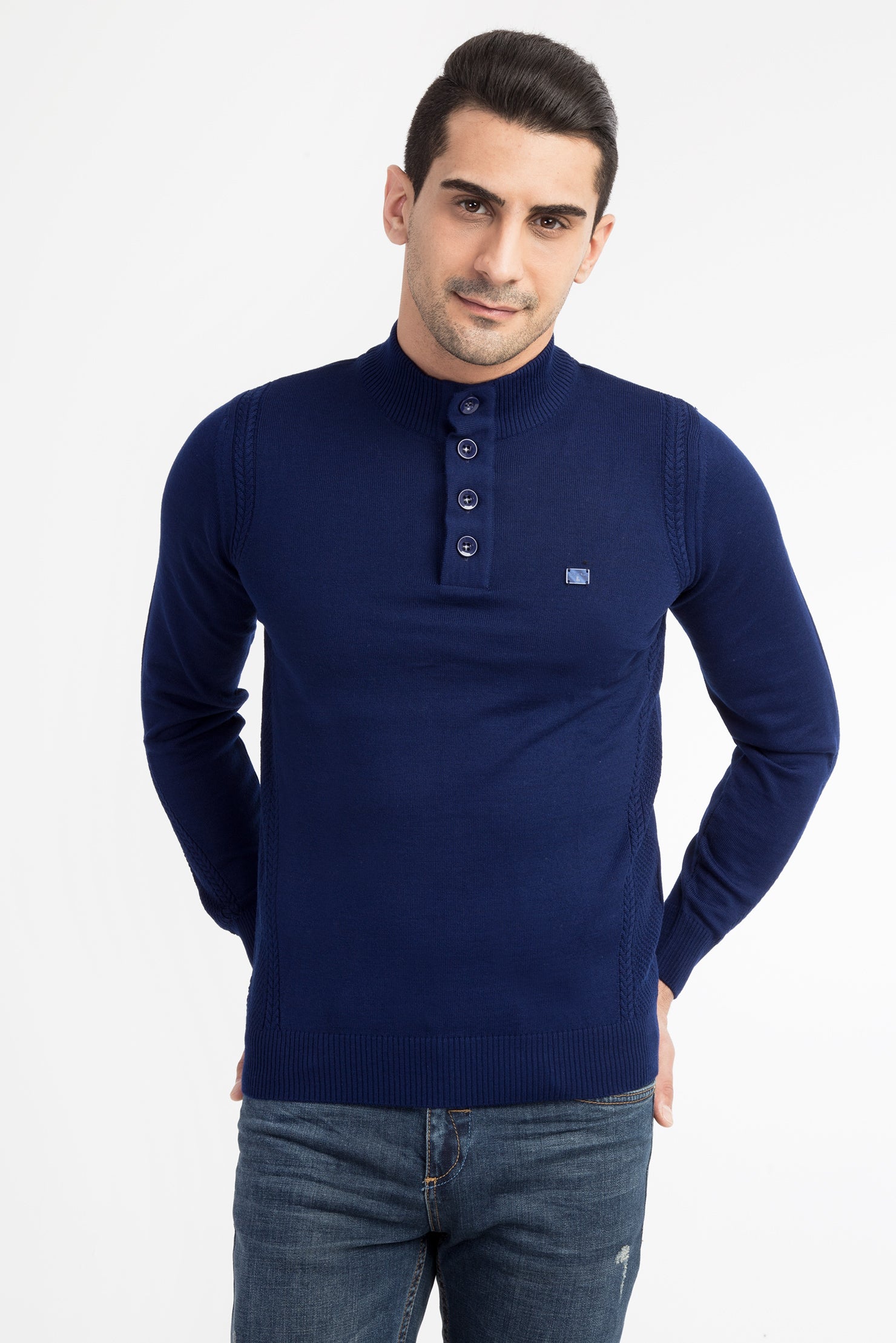 Mavi Yar?m Bal?kç? Yaka Slim Fit Dar Kesim Yünlü Fermuarl? Triko Kazak-Abdullah Ki??l?