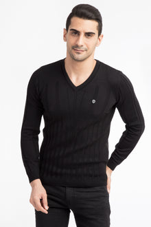 Siyah V Yaka Slim Fit Dar Kesim Yünlü Triko Kazak