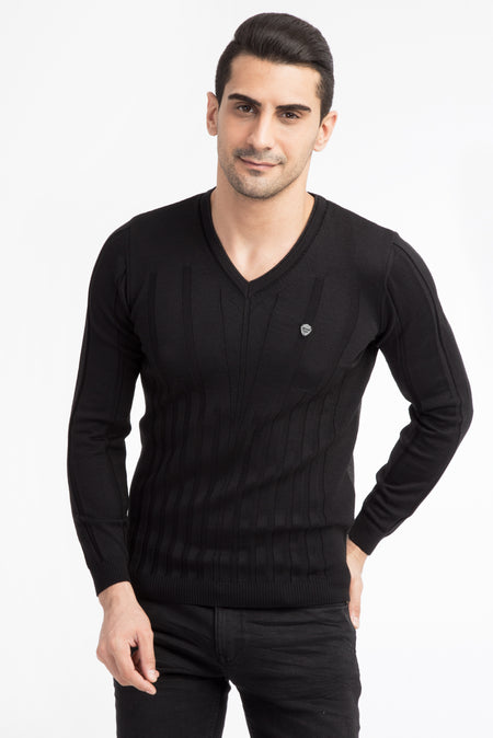 Siyah V Yaka Slim Fit Dar Kesim Yünlü Triko Kazak