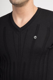 Siyah V Yaka Slim Fit Dar Kesim Yünlü Triko Kazak