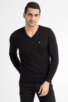 Siyah V Yaka Slim Fit Dar Kesim Yünlü Triko Kazak