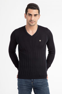 Lacivert V Yaka Slim Fit Dar Kesim Yünlü Triko Kazak