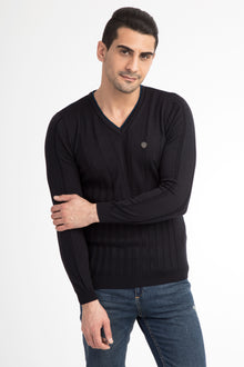 Lacivert V Yaka Slim Fit Dar Kesim Yünlü Triko Kazak