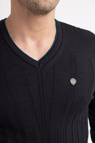 Lacivert V Yaka Slim Fit Dar Kesim Yünlü Triko Kazak