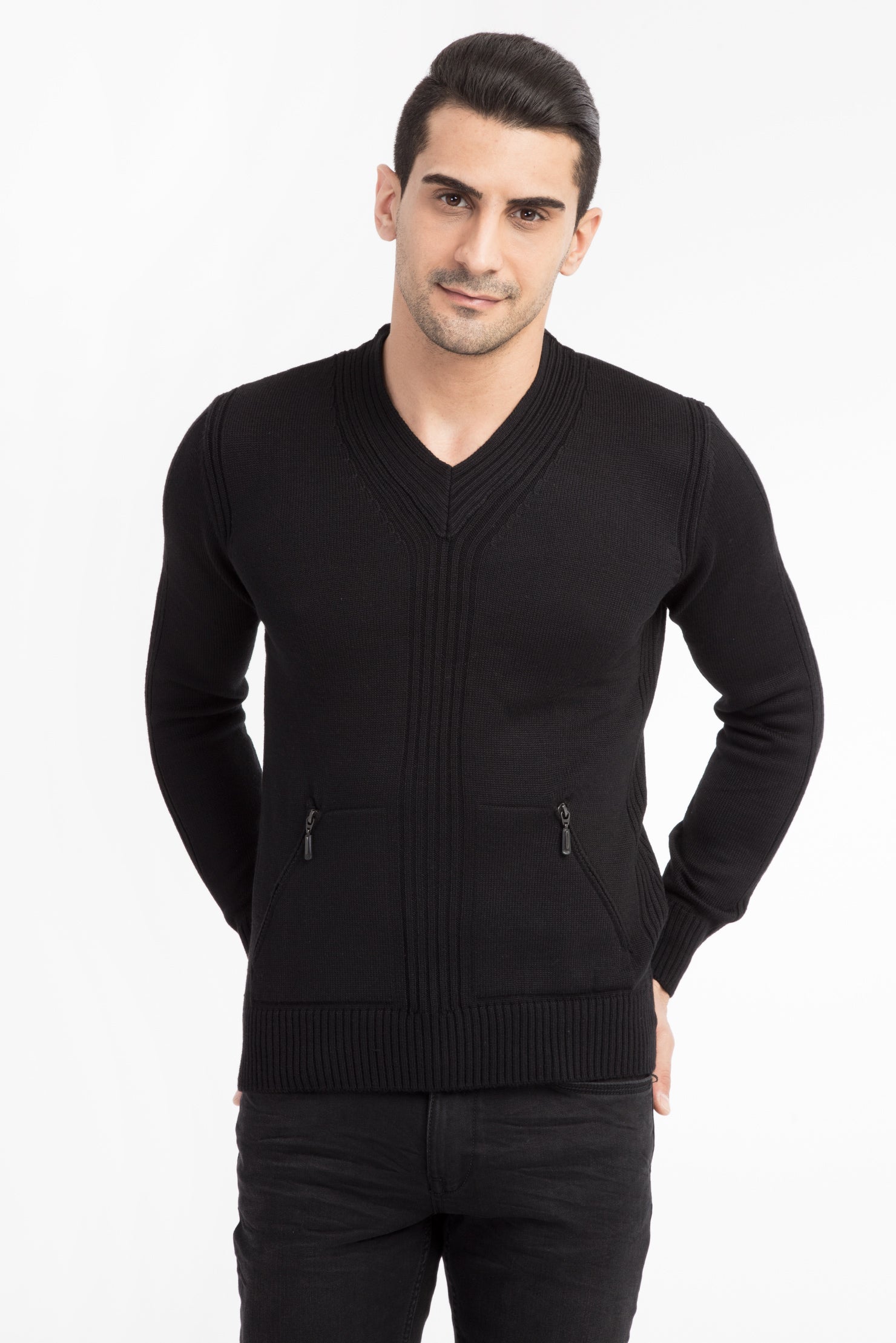 Siyah V Yaka Slim Fit Dar Kesim Yünlü Triko Kazak-Abdullah Ki??l?