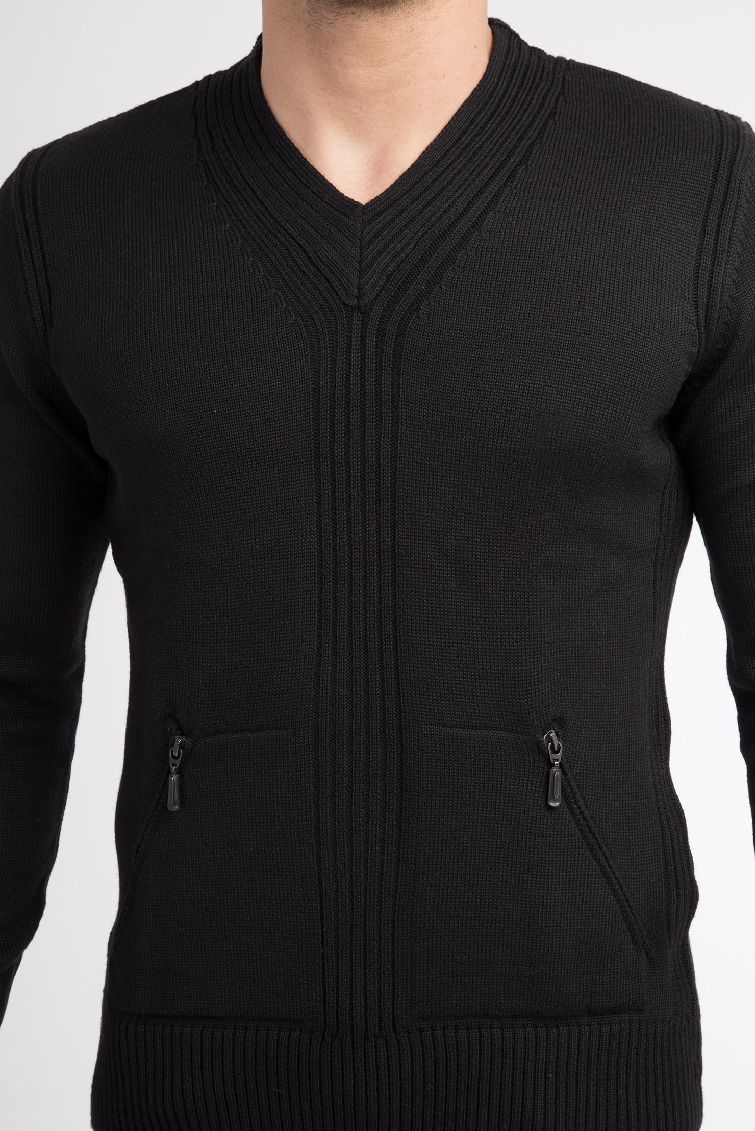Siyah V Yaka Slim Fit Dar Kesim Yünlü Triko Kazak-Abdullah Ki??l?