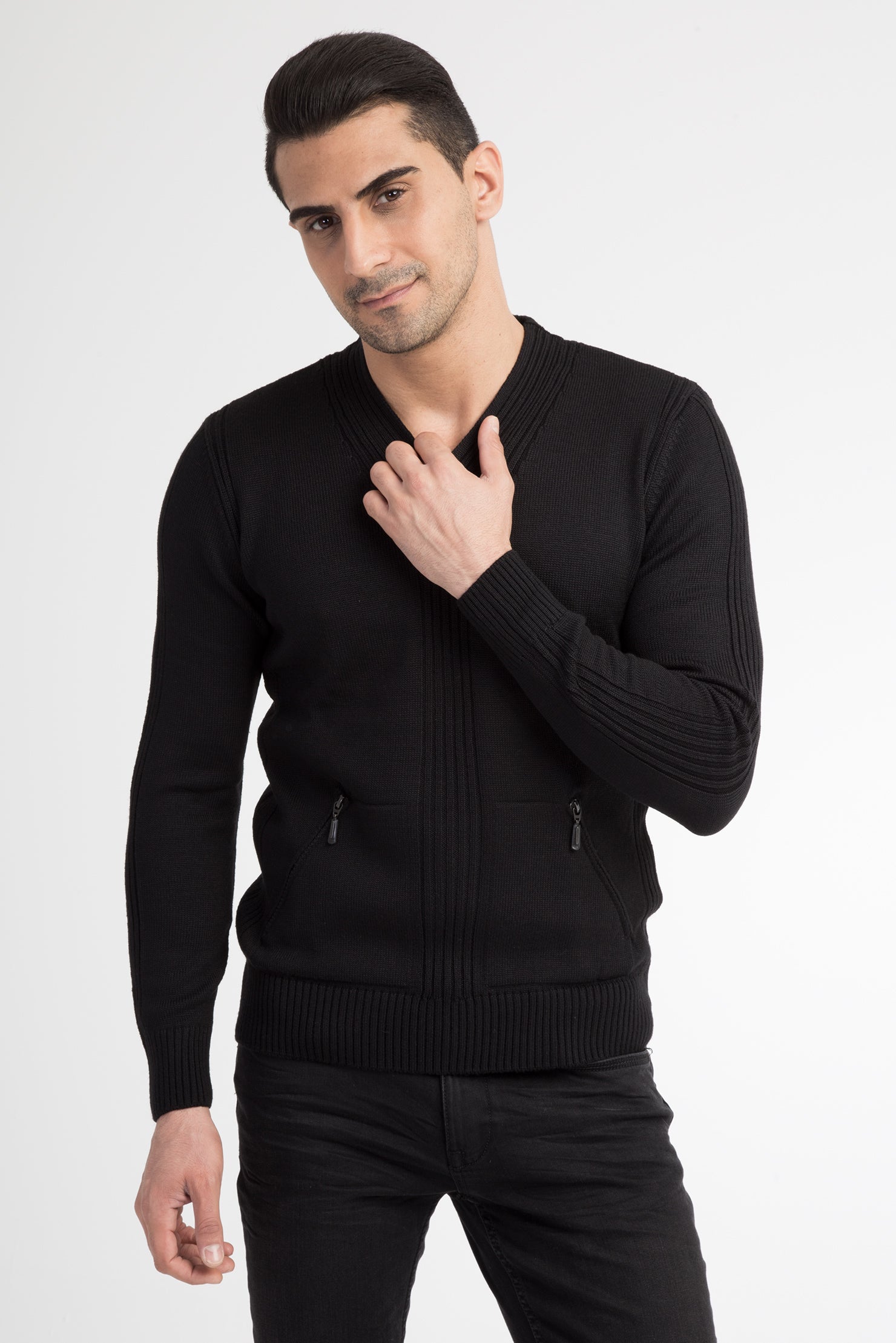 Siyah V Yaka Slim Fit Dar Kesim Yünlü Triko Kazak-Abdullah Ki??l?