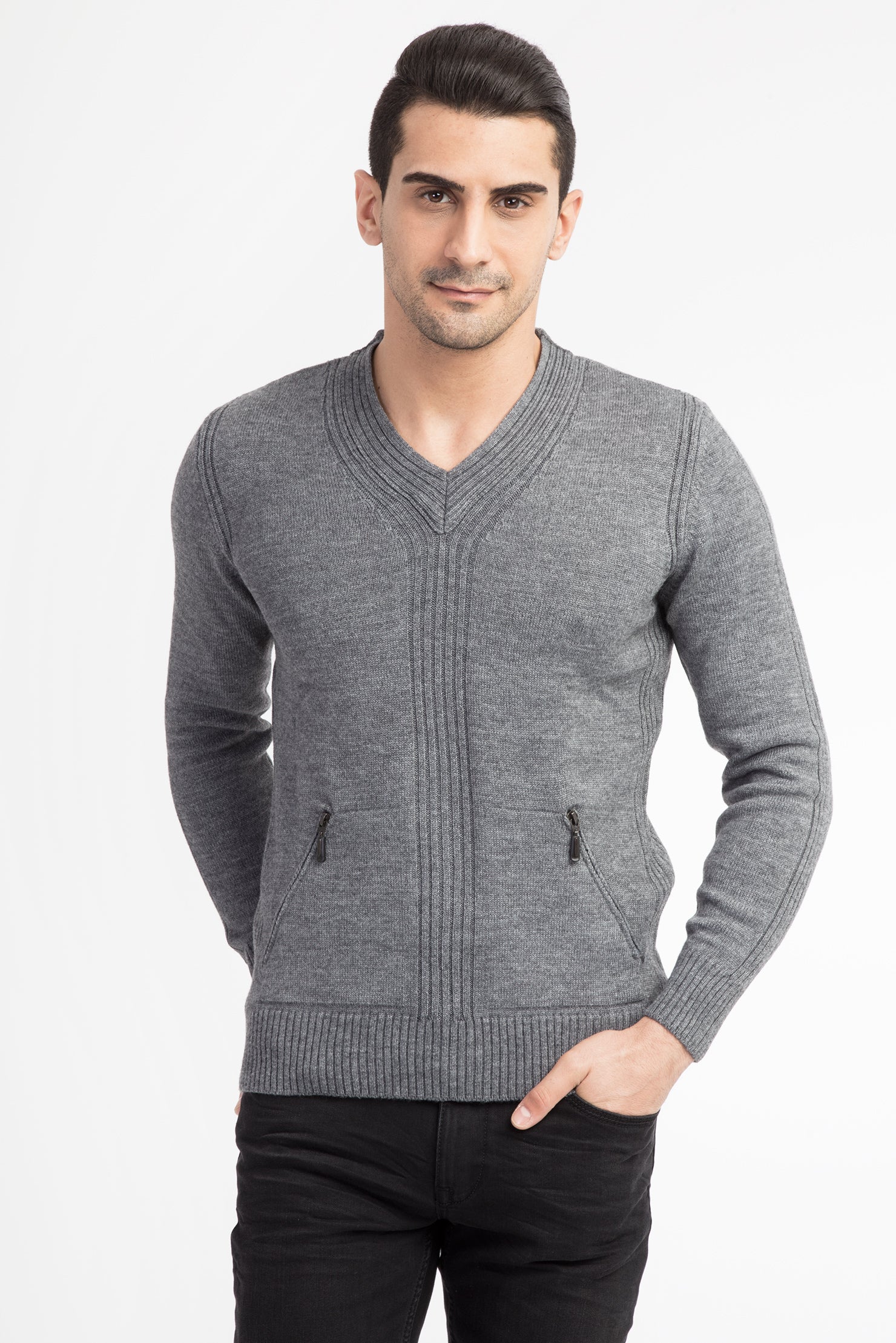 Orta Füme V Yaka Slim Fit Dar Kesim Yünlü Triko Kazak-Abdullah Ki??l?