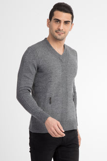 Orta Füme V Yaka Slim Fit Dar Kesim Yünlü Triko Kazak-Abdullah Ki??l?