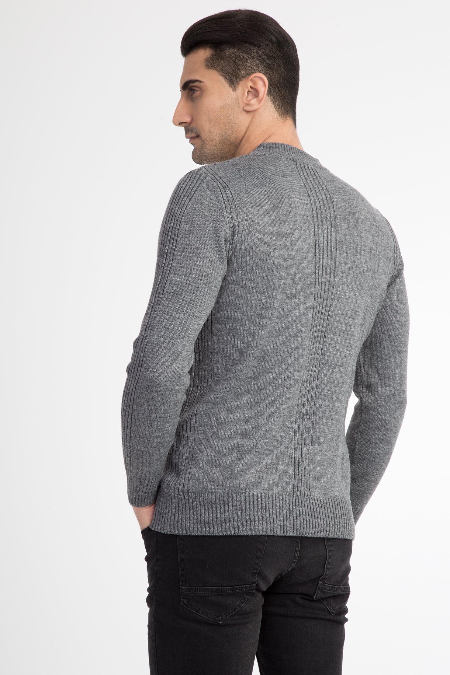 Orta Füme V Yaka Slim Fit Dar Kesim Yünlü Triko Kazak-Abdullah Ki??l?