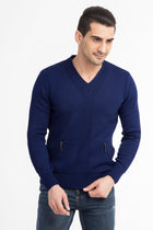 Mavi V Yaka Slim Fit Dar Kesim Yünlü Triko Kazak-Abdullah Ki??l?