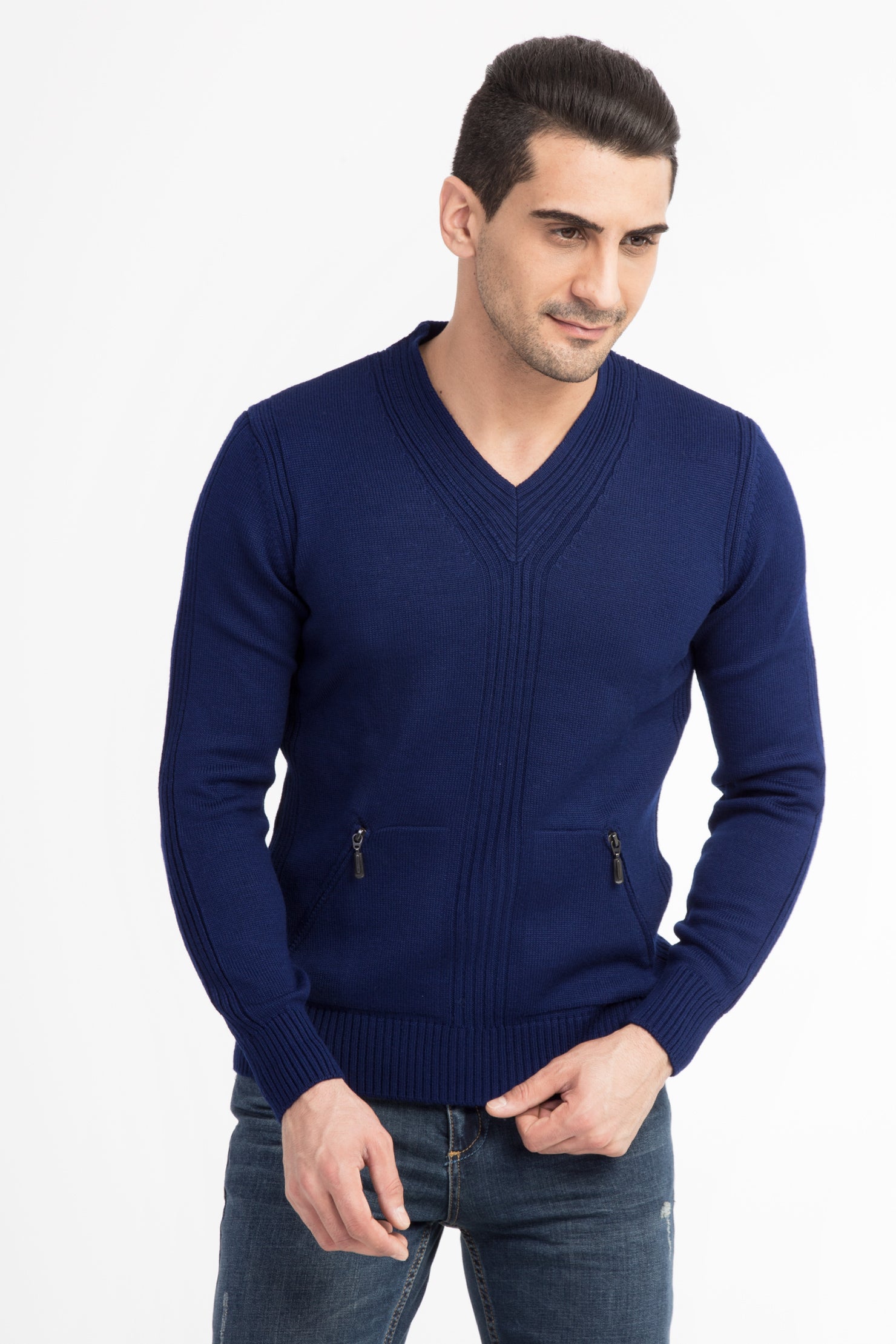 Mavi V Yaka Slim Fit Dar Kesim Yünlü Triko Kazak-Abdullah Ki??l?
