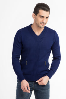 Mavi V Yaka Slim Fit Dar Kesim Yünlü Triko Kazak-Abdullah Ki??l?