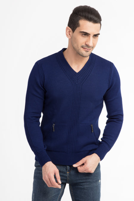 Mavi V Yaka Slim Fit Dar Kesim Yünlü Triko Kazak-Abdullah Ki??l?